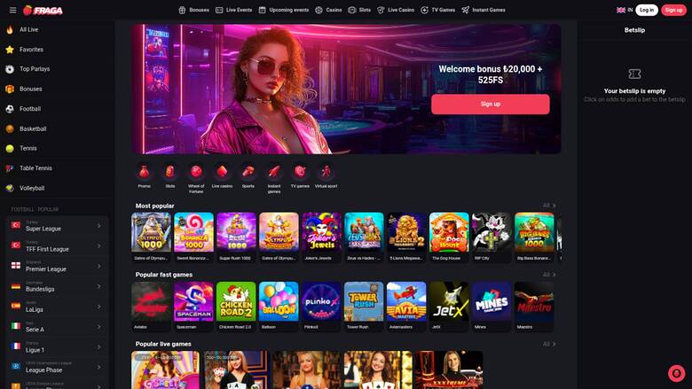 A dark-themed online casino lobby shows a welcome bonus hero banner, a left sports and casino menu, game category rows, and an empty betslip panel.