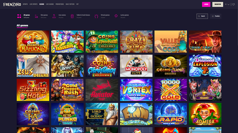 An online casino lobby page titled 'All games' showing a grid of game thumbnails under a top navigation bar.