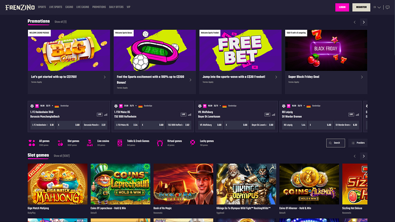 An online casino lobby page showing a promotions carousel, a row of live dealer table tiles, and a grid of slot game tiles.