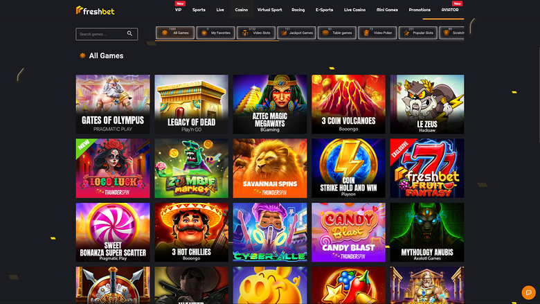 A Freshbet casino lobby page showing an 'All Games' grid of game tiles under a top navigation bar and category filters.