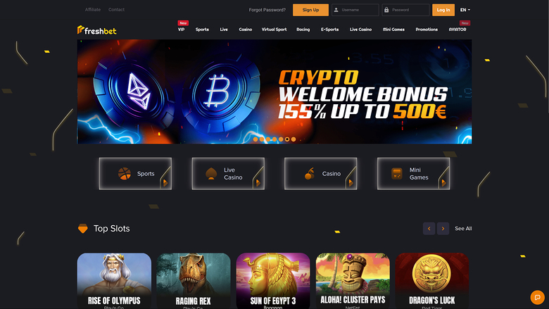 A Freshbet casino homepage showing a crypto welcome bonus banner, four category tiles and a Top Slots row of five game tiles.