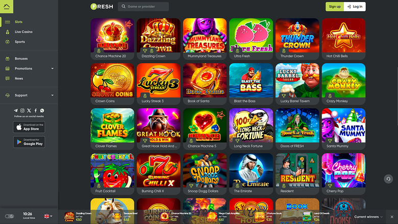 A casino lobby screen shows a left sidebar menu and a grid of game tiles under a top bar with search, sign up and log in buttons.