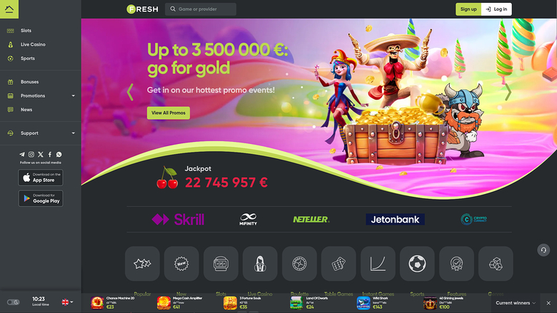A desktop online casino lobby shows a left sidebar menu, a top bar with search and login buttons, a large promotional banner, a jackpot counter, payment logos a