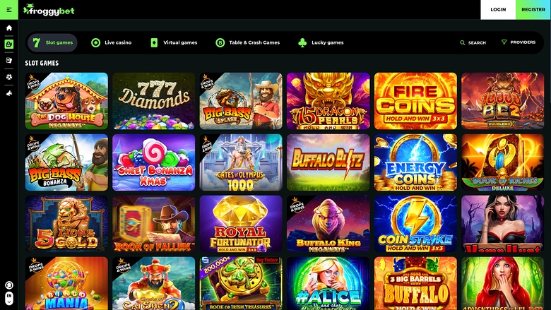 A Frogbet online casino slots lobby page showing a grid of game tiles under a 'SLOT GAMES' heading.