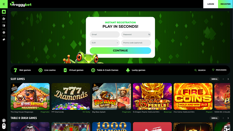 A Frogbet casino lobby shows a registration pop-up over a green diamond-patterned hero, with lobby category tabs and rows of slot and table game tiles.