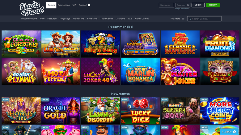 An online casino lobby page showing a grid of game thumbnails under Recommended and New games sections.