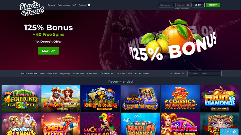 An online casino lobby page for 'Fruta 4 Real' showing a 125% bonus hero banner and a grid of game tiles under a Recommended heading.