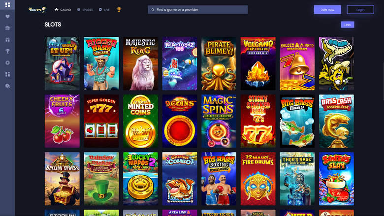 A casino lobby screen showing a Slots category with a grid of game tiles, a top navigation bar, a search field and login and join buttons.