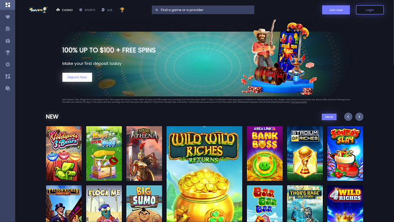 A casino lobby screen shows a welcome bonus hero banner above a 'NEW' row of game tiles, with a top navigation bar and a left icon rail.