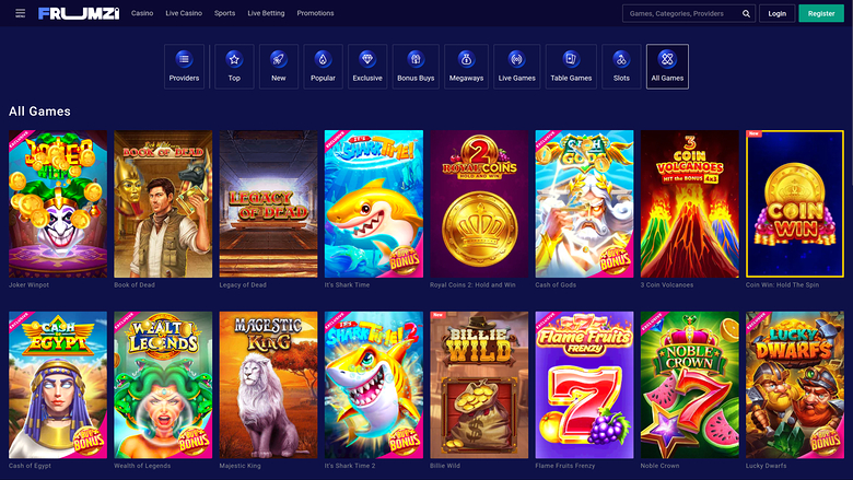 An online casino lobby page titled All Games showing a grid of game thumbnails under a top navigation bar.
