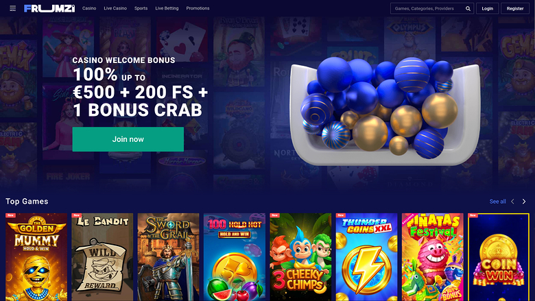 An online casino homepage for FRUMZI showing a welcome bonus offer and a row of game tiles.