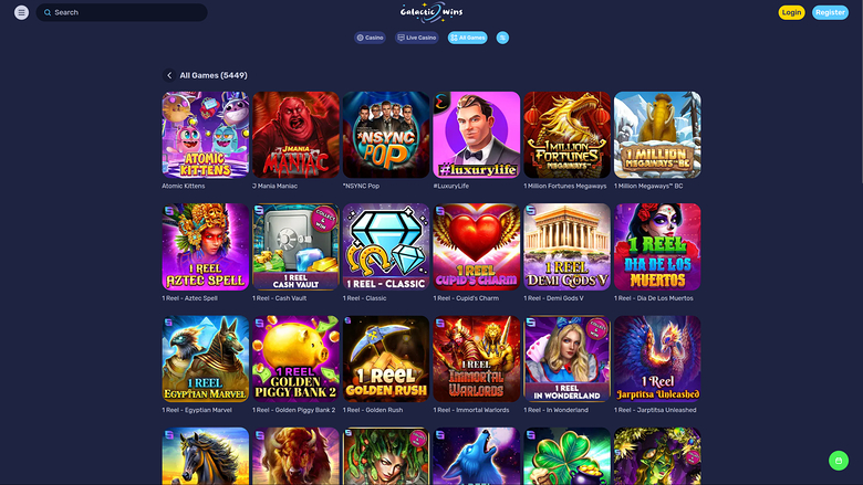 An online casino lobby page titled 'Galactic Wins' showing a grid of game tiles under an 'All Games (5449)' heading.