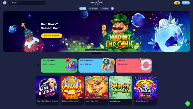 A Galactic Wins online casino lobby screen showing a promotional hero banner, three bonus offer cards and a row of five game tiles.
