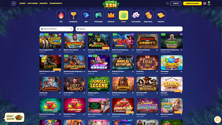 An online casino lobby screen showing a grid of game tiles under a top navigation bar with category icons and a search field.
