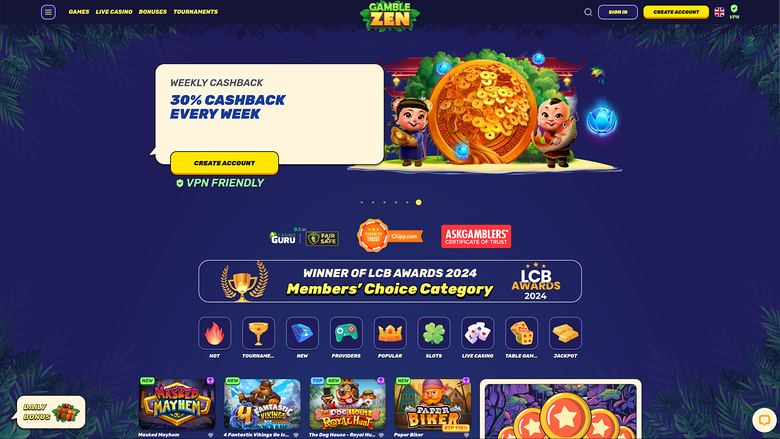 A casino homepage for Gamble Zen showing a weekly cashback hero banner, award badges, category icons and a row of game tiles.