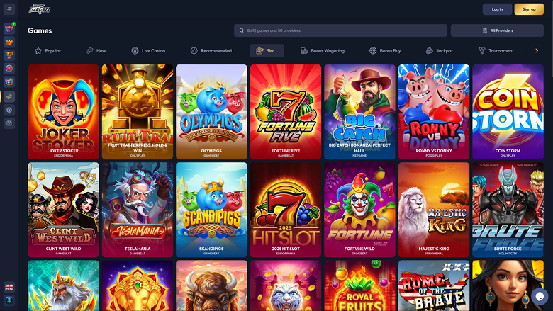 An online casino lobby titled Games showing a grid of game tiles with category tabs and a search bar.
