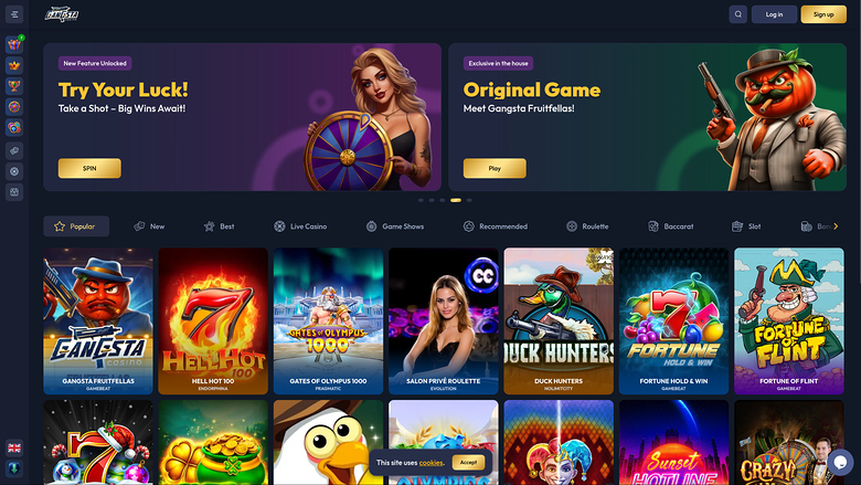 An online casino lobby shows two promotional banners above a grid of game tiles with a category menu and a cookie notice.