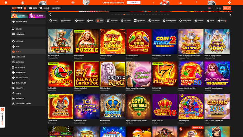 An online casino lobby shows a grid of game tiles under a 'CHRISTMAS DRIVE' banner with a balance of 147.00.