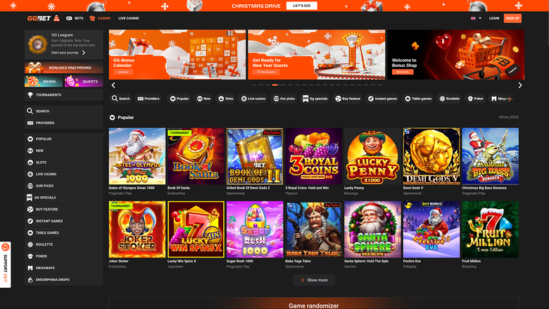 An online casino lobby screenshot showing a top banner, a left sidebar menu, and a grid of game tiles under a Popular section.