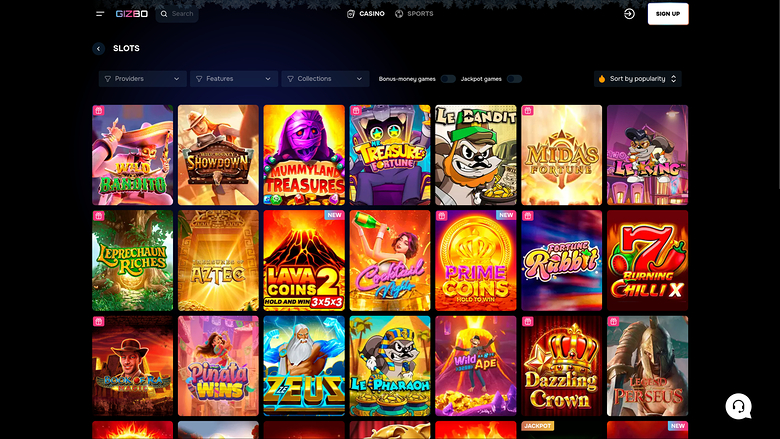 A casino slots lobby page showing a grid of game tiles under a 'SLOTS' heading with filter and sort controls.