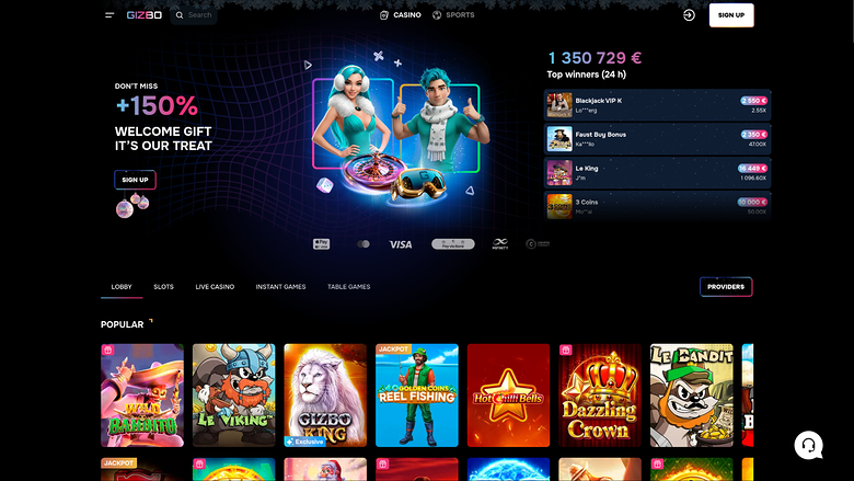 An online casino homepage shows a welcome bonus hero, a top-winners list, and a row of game tiles under lobby tabs.
