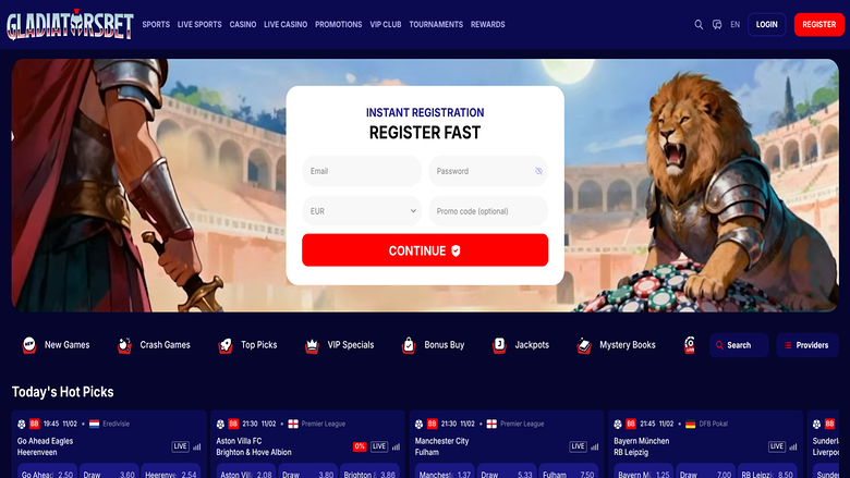 A casino homepage showing a registration modal over a gladiator-themed hero image, with a category bar and a 'Today's Hot Picks' sports betting section below.