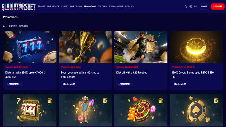A promotions page on the Gladiatorbet casino site showing a grid of welcome bonus offer cards under a dark blue header.