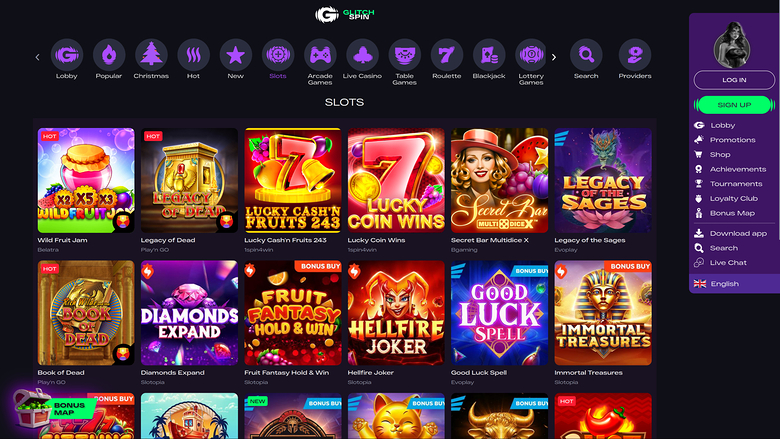 An online casino lobby screenshot showing a top navigation bar, a SLOTS heading, and a grid of game tiles with a right sidebar for account actions.