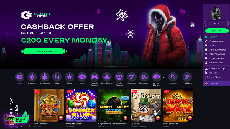 Glitch Spin casino lobby screenshot showing a cashback offer hero banner, a category icon row, and a row of game tiles.