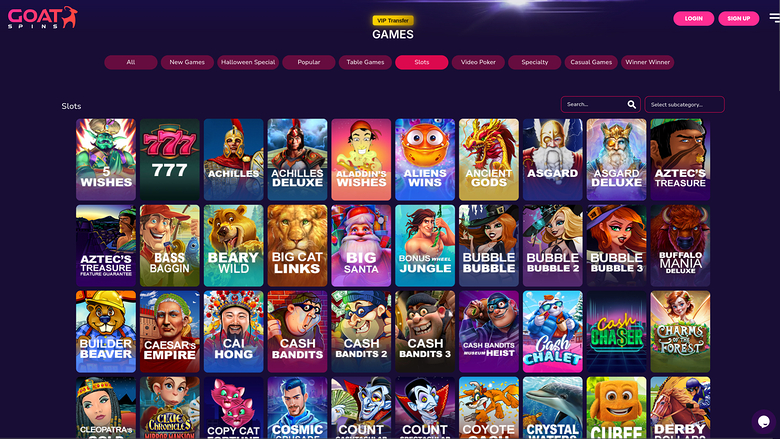 A casino lobby screenshot on the GOAT SPINZ site showing a Slots category with a grid of game tiles and top navigation.