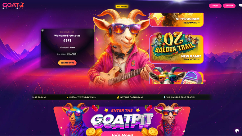 A casino landing page for Goat Spins shows a guitar-playing goat mascot, a welcome free spins offer, VIP and game promo panels, and a Goatpit banner.