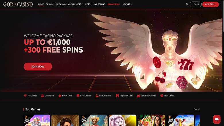 A casino homepage hero banner shows a welcome package of up to €1,000 plus 300 free spins with a Join Now button, above a row of lobby category shortcuts and a