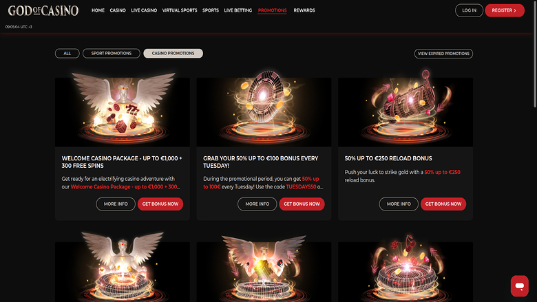 A promotions page on the God of Casino site showing a grid of six bonus offer cards under All, Sport Promotions and Casino Promotions tabs.