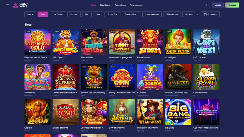 A slots lobby page on the Gods of Gold online casino site showing a grid of game tiles under a 'Slots' heading.