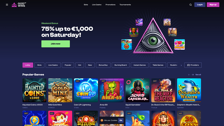 A casino lobby screen shows a weekend bonus hero banner above category tabs and a grid of popular game tiles.