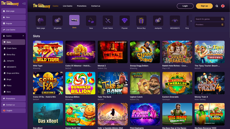 The Gobunny casino lobby Slots page shows a grid of game tiles with a left sidebar and top navigation.