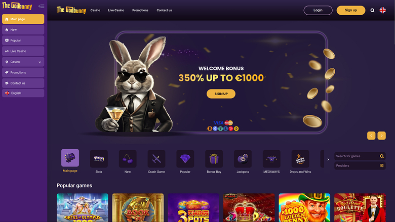 An online casino homepage for The Gambling Bunny showing a welcome bonus hero banner, a left sidebar menu, a game category row and a Popular games section.