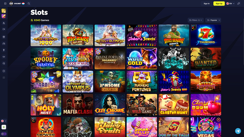 A slots lobby screen on an online casino site showing a grid of game tiles under the heading 'Slots' with a count of 6340 games.