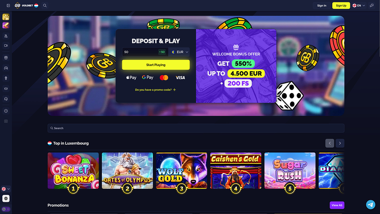A casino lobby homepage showing a deposit and play registration panel beside a welcome bonus offer, with a game row titled Top in Luxembourg below.