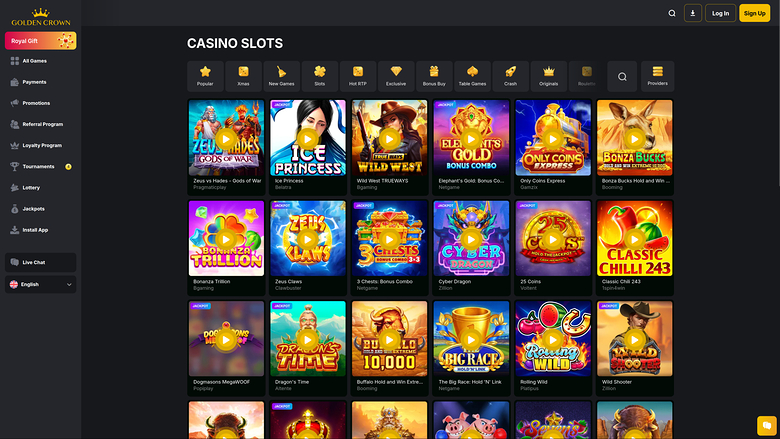 An online casino lobby screen showing a 'CASINO SLOTS' grid of game tiles with a left sidebar menu and top bar controls.