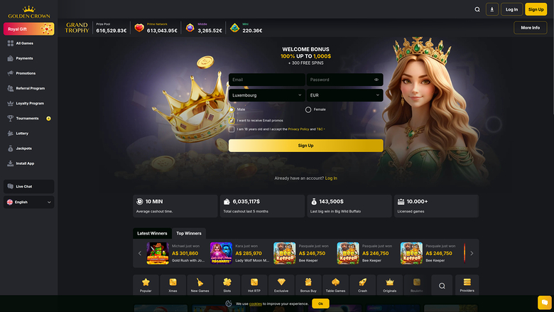 An online casino homepage showing a Golden Crown branded registration screen with a welcome bonus offer and lobby navigation.