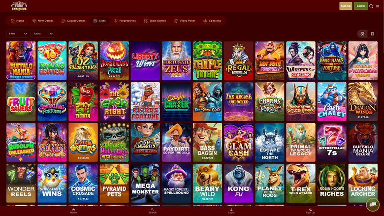 An online casino lobby shows a grid of game thumbnails under a top navigation bar with Home, New Games, Casual Games, Slots, Progressives, Table Games, Video Po