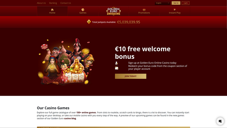 Golden Euro Online Casino homepage showing a €10 free welcome bonus hero, a total jackpots ticker and a casino games introduction section.