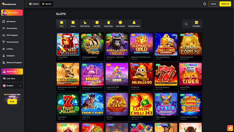 An online casino lobby screenshot showing a 'SLOTS' game grid with a left sidebar menu and top navigation bar.
