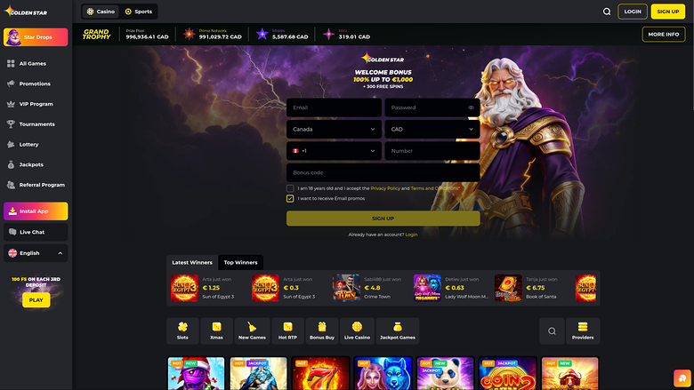 A Golden Star casino registration screen shows a sign-up form over a wizard artwork, jackpot tickers, latest winners and a row of game category icons.