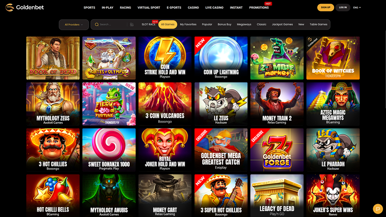A Goldenbet casino lobby page showing a grid of game tiles under a top navigation bar and category tabs.