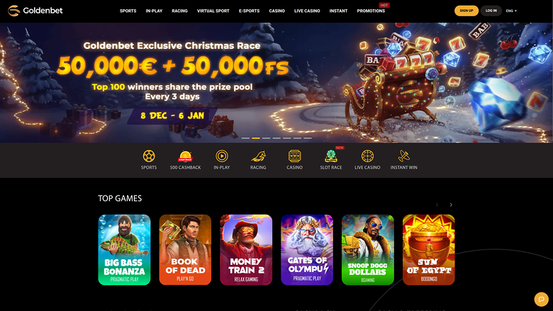 Goldenbet casino homepage showing a Christmas Race promotion banner and a Top Games row of six game tiles.