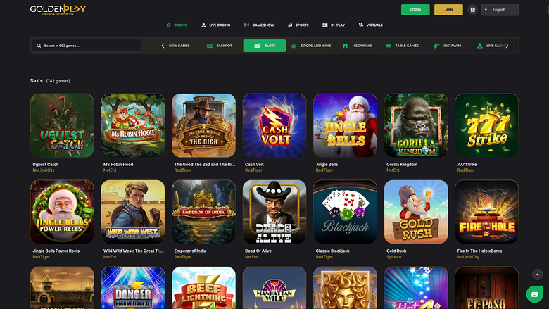 A GoldenPalace online casino lobby shows a Slots category with a grid of game tiles and top navigation tabs.