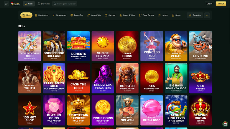 A casino lobby 'Slots' screen showing a grid of game tiles under a category menu and top navigation bar.