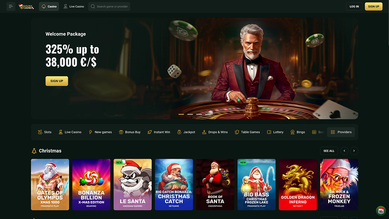 A dark-themed online casino lobby shows a welcome bonus hero banner above a category menu and a Christmas-themed row of game tiles.